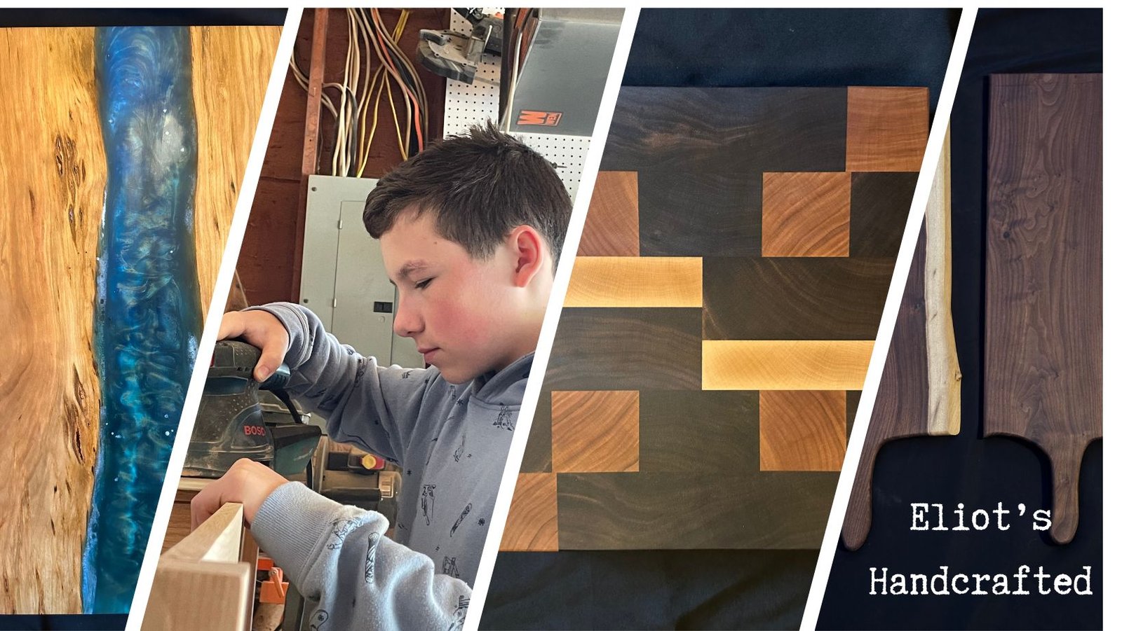 Handcrafted cherry and blue resin charcuterie board, end-grain cutting board and walnut charcuterie board made by Eliot in Massachusetts