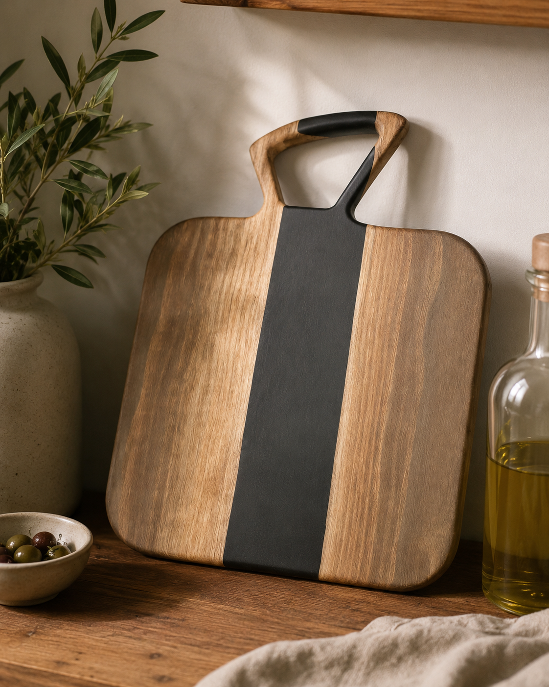 Walnut charcuterie board with black resin and a triangular handle