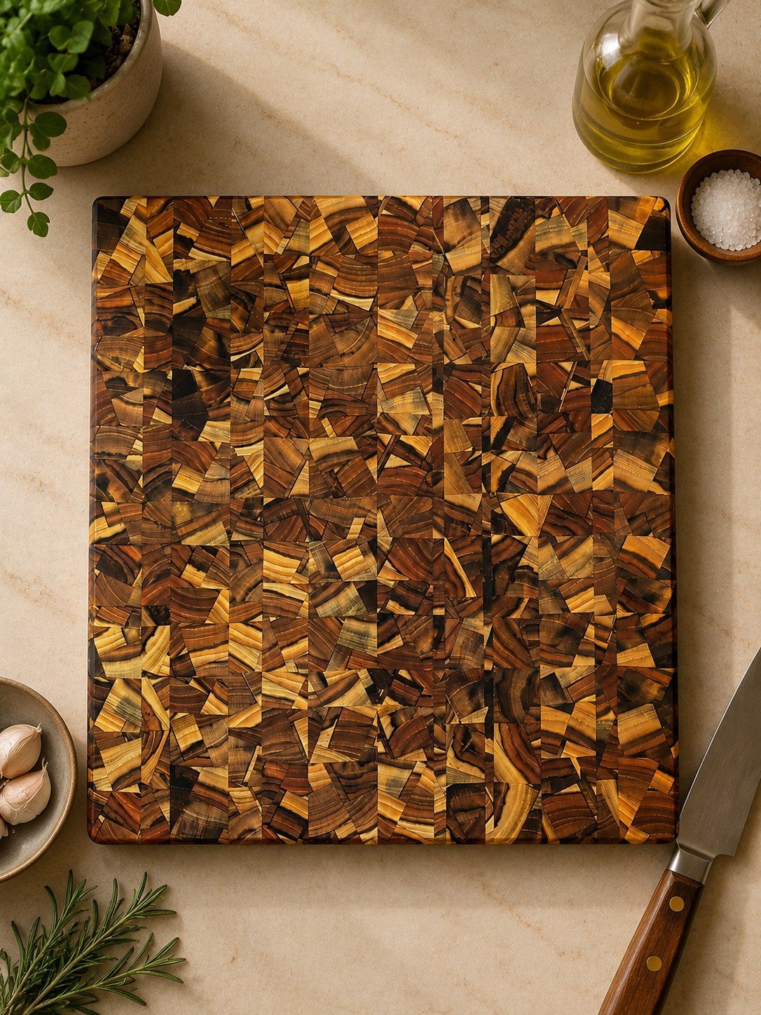 Chaotic-pattern end-grain teak cutting board on a kitchen counter